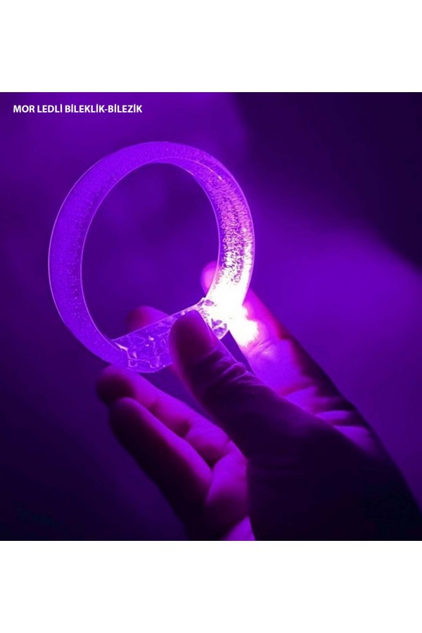 Mor Led Işıklı Baskı Yapılabilen Pilli Bileklik Bilezik 1,5 cm Genişlik