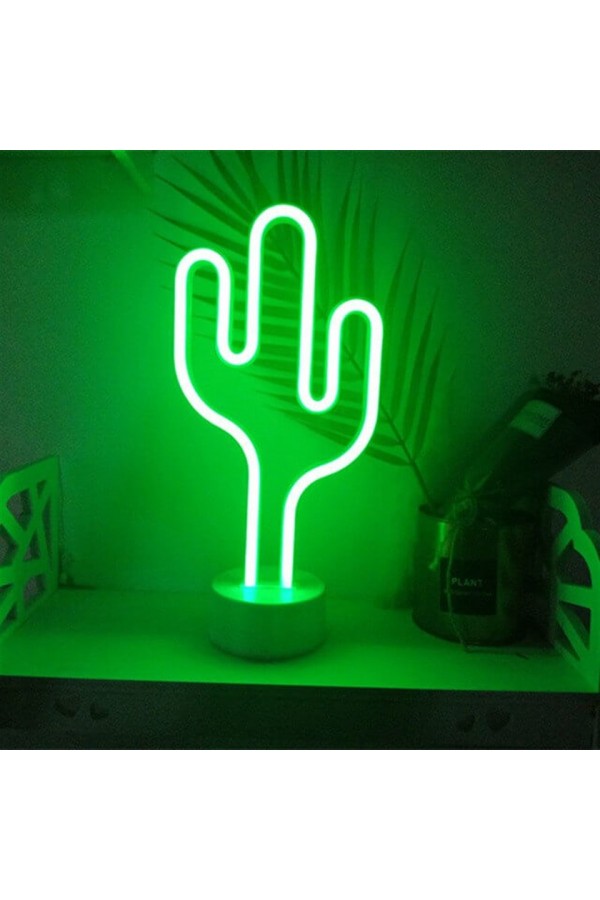 Neon Işıklı Kaktüs Masa Gece Lambası USB+Pil Dekoratif Aydınlatma