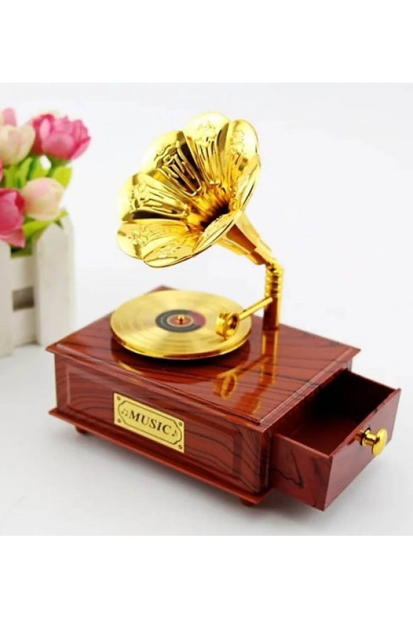 Nostaljik Gramafon Hareketli Müzik Kutusu Çekmeceli N-28AL5