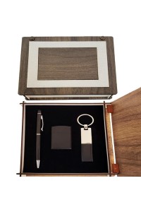 Özel Ahşap Kutulu Siyah Anahtarlık Kalem Ve Çakmak Set