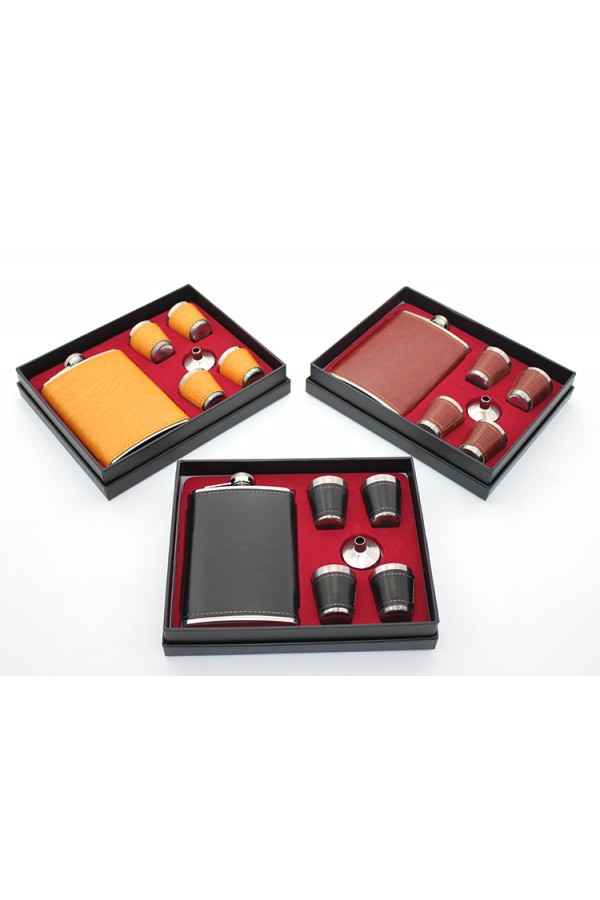 Paslanmaz Çelik 4 Shot Bardaklı Derili Matara Seti