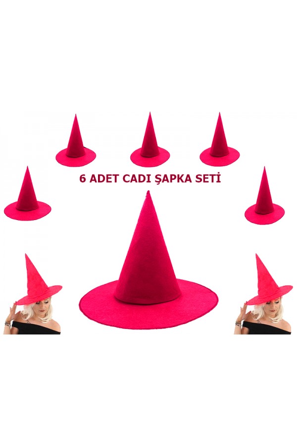 Parti Aksesuar Pembe Fuşya Renk Keçe Cadı Şapkası Yetişkin Çocuk Uyumlu 6 Adet