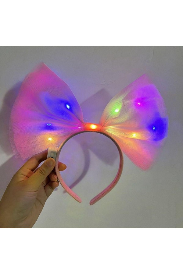 Rengarenk Led Işıklı Fiyonk Şekilli Tül Parti Tacı Pembe Renk 25x25 cm