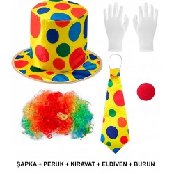 Renkli Palyaço Kostüm Seti – 5 Parça Aksesuar (Şapka, Peruk, Kravat, Eldiven, Burun)