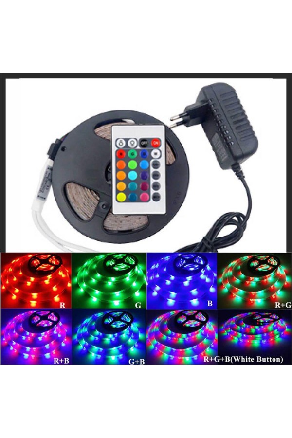 Rgb Şerit 5 Metre 16 Renkli Kumandalı Adaptörlü Çift Taraflı Bant Rgb Şerit 5 Metre 16 Renkli Kumandalı Adaptörlü Çift Taraflı Bant