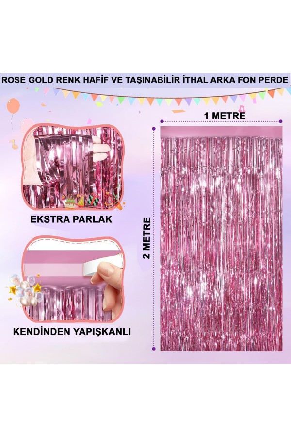 Rose Gold Renk Ekstra Metalize Parlak Saçaklı Arka Fon Perde İthal A Kalite 1x2 Metre Rose Gold Renk Ekstra Metalize Parlak Saçaklı Arka Fon Perde İthal A Kalite 1x2 Metre