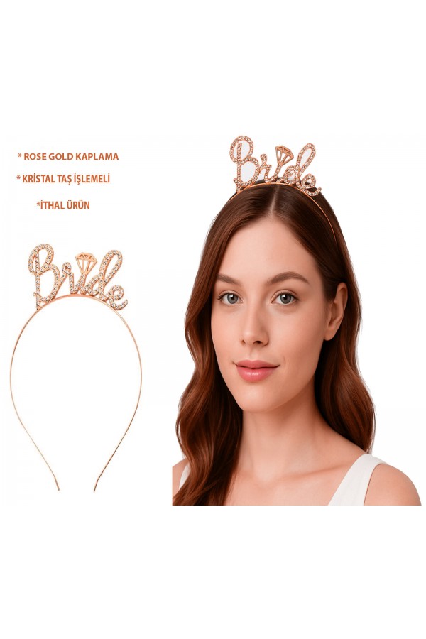 Rose Gold Renkli Taşlı “Bride” Gelin Tacı – El Yazısı Yazı Tipiyle