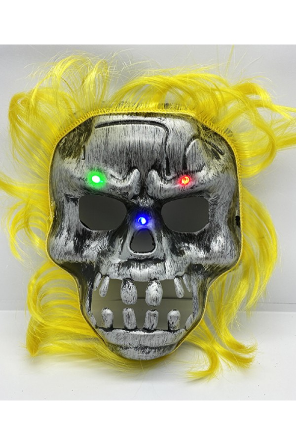 Parti Aksesuar Sarı Saçlı Led Işıklı Kuru Kafa İskelet Korku Maskesi 22x25 cm