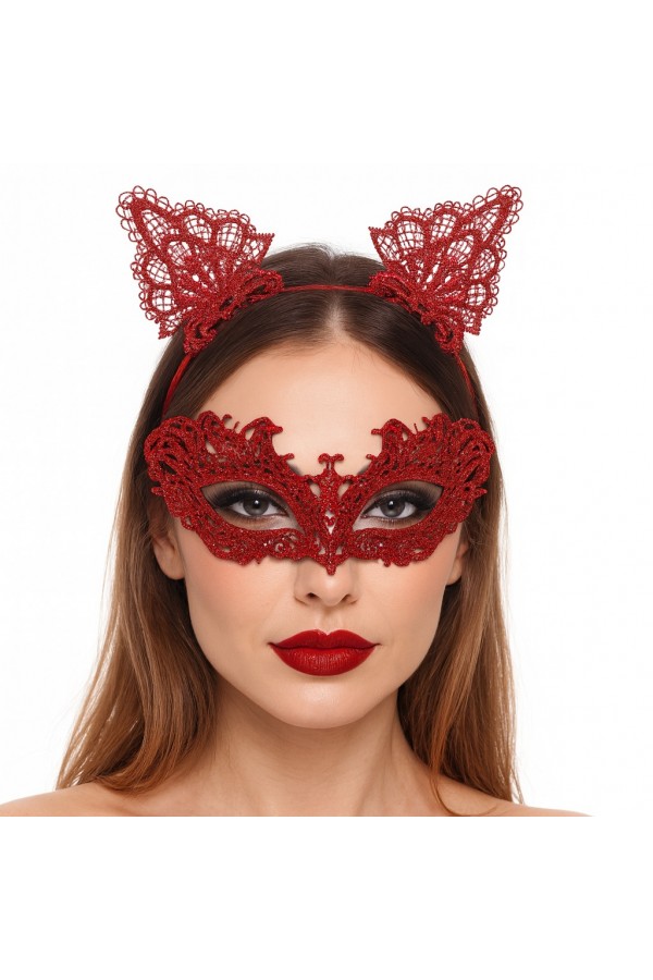 Şık Kırmızı Dantel Maske ve Taç Seti 5 No Şık Kırmızı Dantel Maske ve Taç Seti 5 No