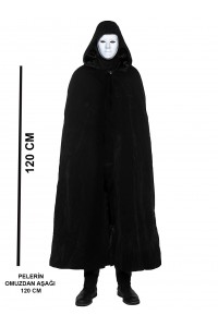Siyah Kapüşonlu 120 cm Pelerin ve Beyaz Boyanabilir Tam Yüz Maske