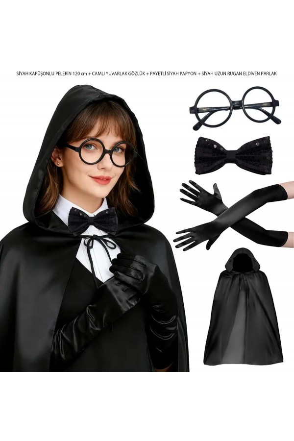 Siyah Kapüşonlu Büyücü ve Cadı Pelerin Kostüm Seti (4 Parça)