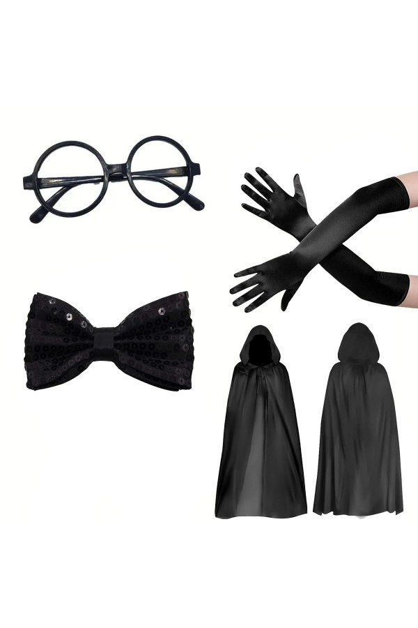 Siyah Kapüşonlu Büyücü ve Cadı Pelerin Kostüm Seti (4 Parça)