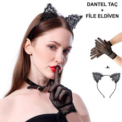 Siyah Kedi Dantel Taç + Eldiven Seti – Parti, Dans ve Kostüm Kombini Siyah Kedi Dantel Taç + Eldiven Seti – Parti, Dans ve Kostüm Kombini