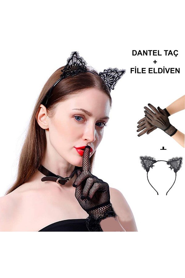 Siyah Kedi Dantel Taç + Eldiven Seti – Parti, Dans ve Kostüm Kombini