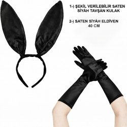 Siyah Parlak Tavşan Kulak ve 40 cm Parlak Siyah Eldiven Kostüm Seti Siyah Parlak Tavşan Kulak ve 40 cm Parlak Siyah Eldiven Kostüm Seti