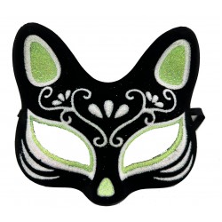 Siyah Renk Süet Kaplama Üzeri Gümüş Yeşil Simli Kedi Maskesi 17x14 cm