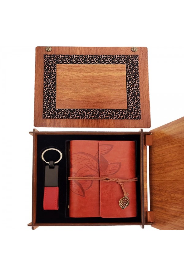 Ahşap Kutulu Kahve Deri Defter ve Anahtarlık Set
