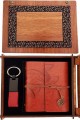 Ahşap Kutulu Kahve Deri Defter ve Anahtarlık Set
