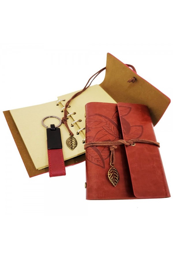 Ahşap Kutulu Kahve Deri Defter ve Anahtarlık Set
