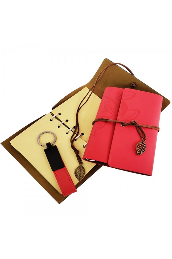 Ahşap Kutulu Kırmızı Deri Defter ve Anahtarlık Set