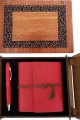 Ahşap Kutulu Kırmızı Deri Defter ve Metal Kalem Set