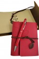 Ahşap Kutulu Kırmızı Deri Defter ve Metal Kalem Set