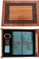 Ahşap Kutulu Mavi Deri Defter ve Anahtarlık Set