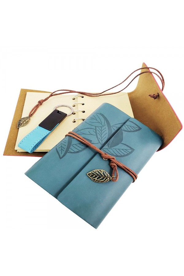 Ahşap Kutulu Mavi Deri Defter ve Anahtarlık Set