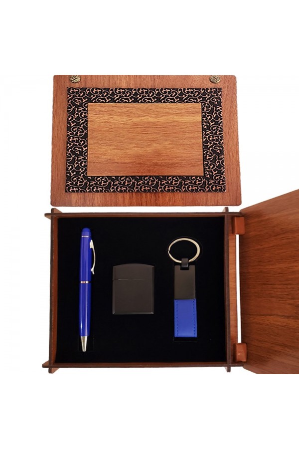 Ahşap Kutulu Mavi Kalem Anahtarlık ve Çakmak Set