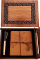 Ahşap Kutulu Taba Renk Deri Defter ve Kalem Set