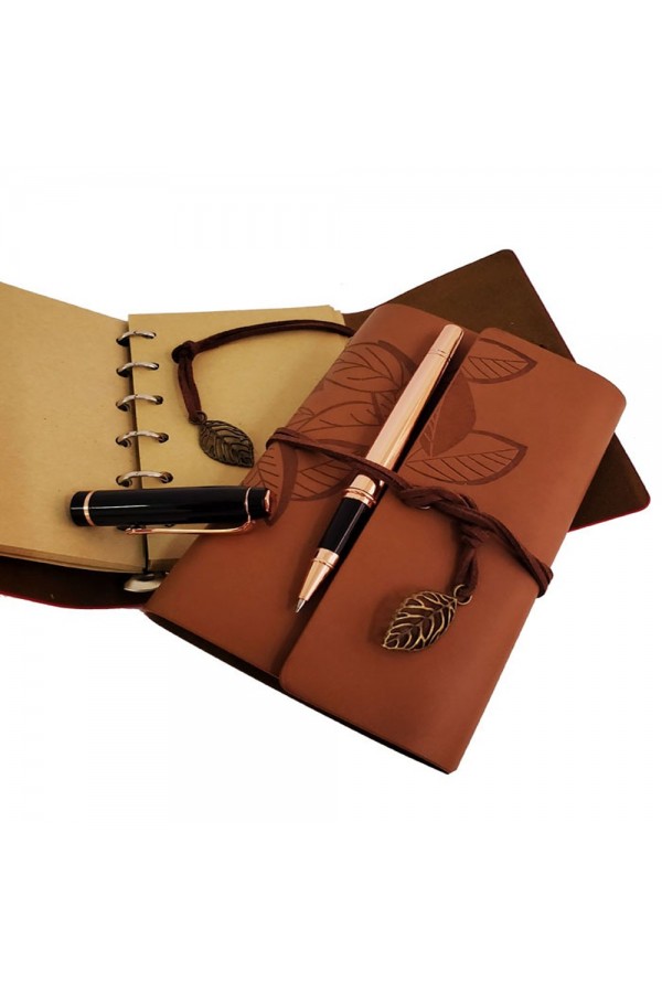 Ahşap Kutulu Taba Renk Deri Defter ve Kalem Set