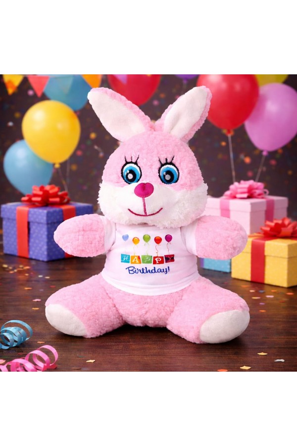 Happy Birthday Tişörtlü Peluş Tavşan