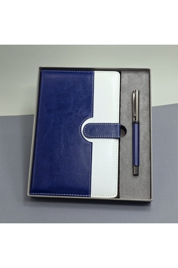 Mavi Beyaz Deri Kapaklı Defter Ve Metal Kalem Set