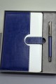Mavi Beyaz Deri Kapaklı Defter Ve Metal Kalem Set
