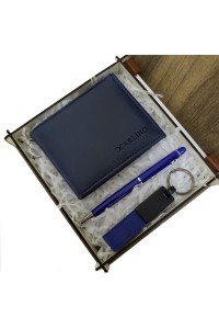 Mavi Cüzdan Kalem ve Deri Mavi Anahtarlık Set