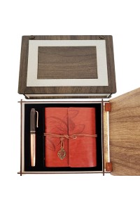 Özel Ahşap Kutulu Kahve Deri Defter ve Bakır Roller Kalem Set