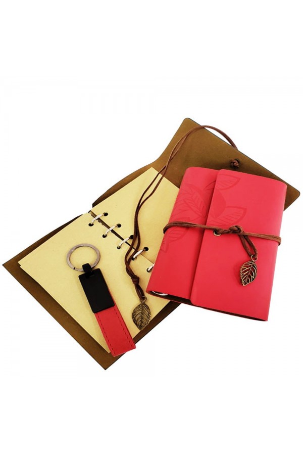 Özel Ahşap Kutulu Kırmızı Deri Defter ve Anahtarlık Set