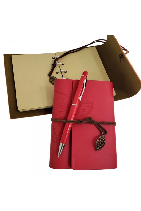 Özel Ahşap Kutulu Kırmızı Deri Defter ve Kalem Set