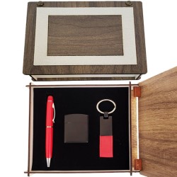Ahşap Kutulu Kırmızı Kalem Anahtarlık ve Çakmak Set Ahşap Kutulu Kırmızı Kalem Anahtarlık ve Çakmak Set