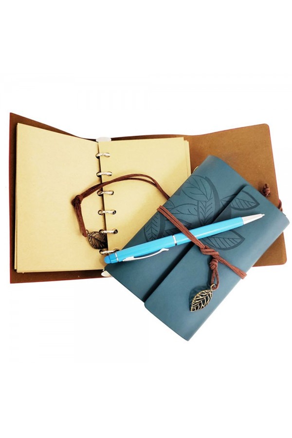 Özel Ahşap Kutulu Mavi Deri Defter ve Kalem Set