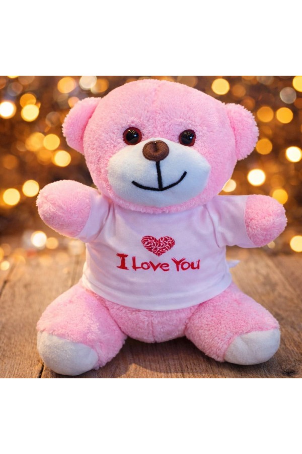 Pembe I Love You Tasarım Tişörtlü Ayıcık