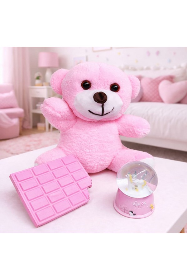 Pembe Peluş Ayıcık Kar Küresi Ve Pembe Çikolata Not Defteri