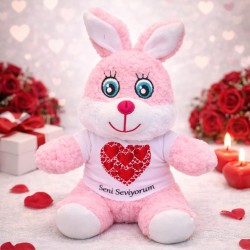 Pembe Renk Seni Seviyorum Tişörtlü Peluş Tavşan Pembe Renk Seni Seviyorum Tişörtlü Peluş Tavşan