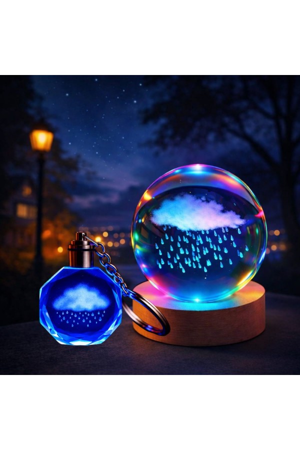 Renk Değiştiren Yağmur Bulutu Tasarımlı Cam Küre Anahtarlık