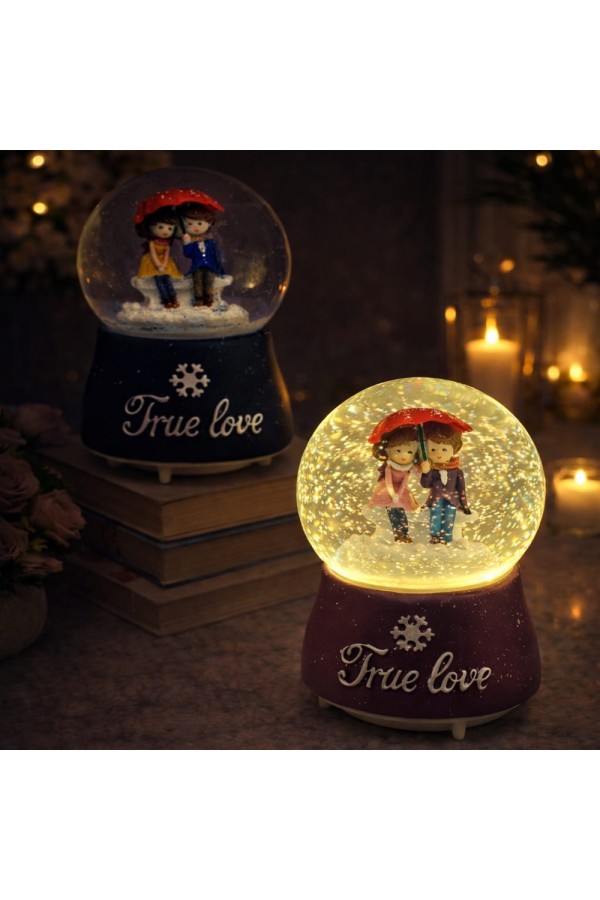 Şemsiye Altında Oturan Romantik Çiftler Tasarımlı Büyük Kar Küresi