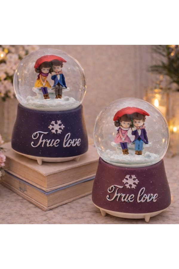 Şemsiye Altında Oturan Romantik Çiftler Tasarımlı Büyük Kar Küresi