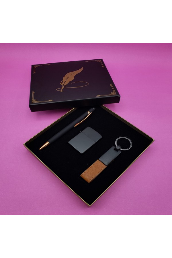 Siyah Rubber Kalem Çakmak ve Anahtarlık Set