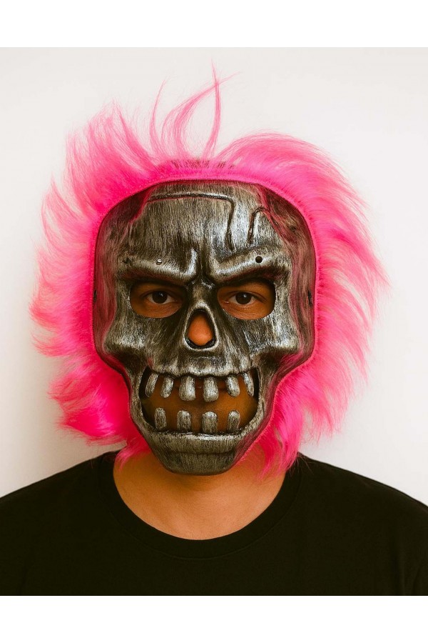 Gümüş Kafatası Pembe Saçlı İskelet Maske Gümüş Kafatası Pembe Saçlı İskelet Maske