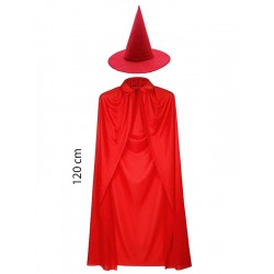 Yetişkin Boy 120 cm Kırmızı Yakalı Pelerin ve Kırmızı Cadı Şapkası