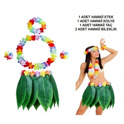 Yetişkin Hawaii Kostüm Seti - Yaprak Etek Hawaii Set - 5 Parça